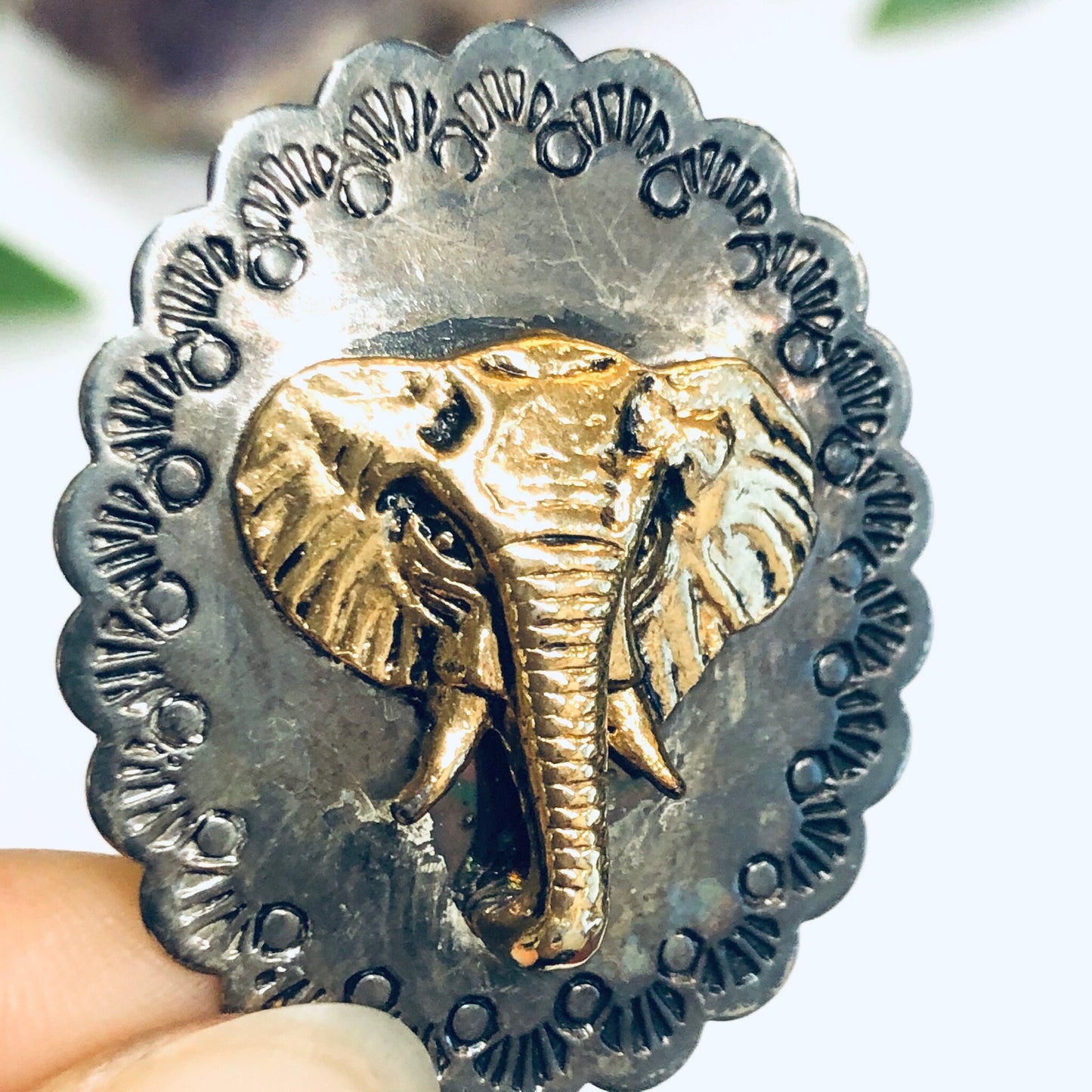 Concho and Elephant Clip On Earrings, Elephant Jewelry, Silver Conchos, Animal Jewelry, Gold Elephants