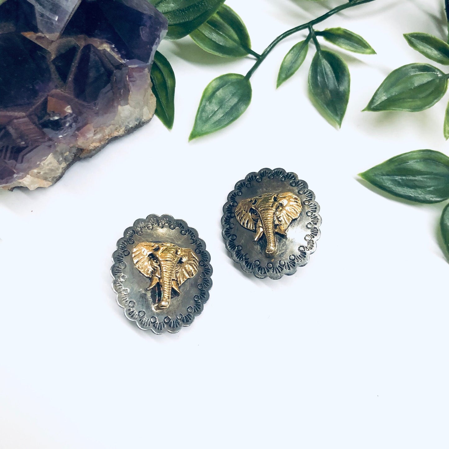 Concho and Elephant Clip On Earrings, Elephant Jewelry, Silver Conchos, Animal Jewelry, Gold Elephants