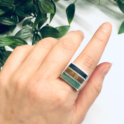 Silver ring with natural black onyx and tiger's eye stone inlays worn on hand with plant leaves in background