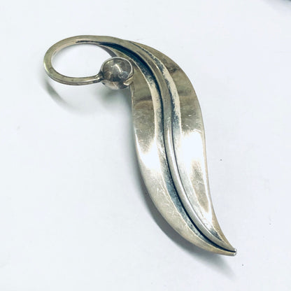 Vintage Delfino Taxco modernist silver leaf brooch pin with curving lines and spherical accent, midcentury modern Mexican jewelry design