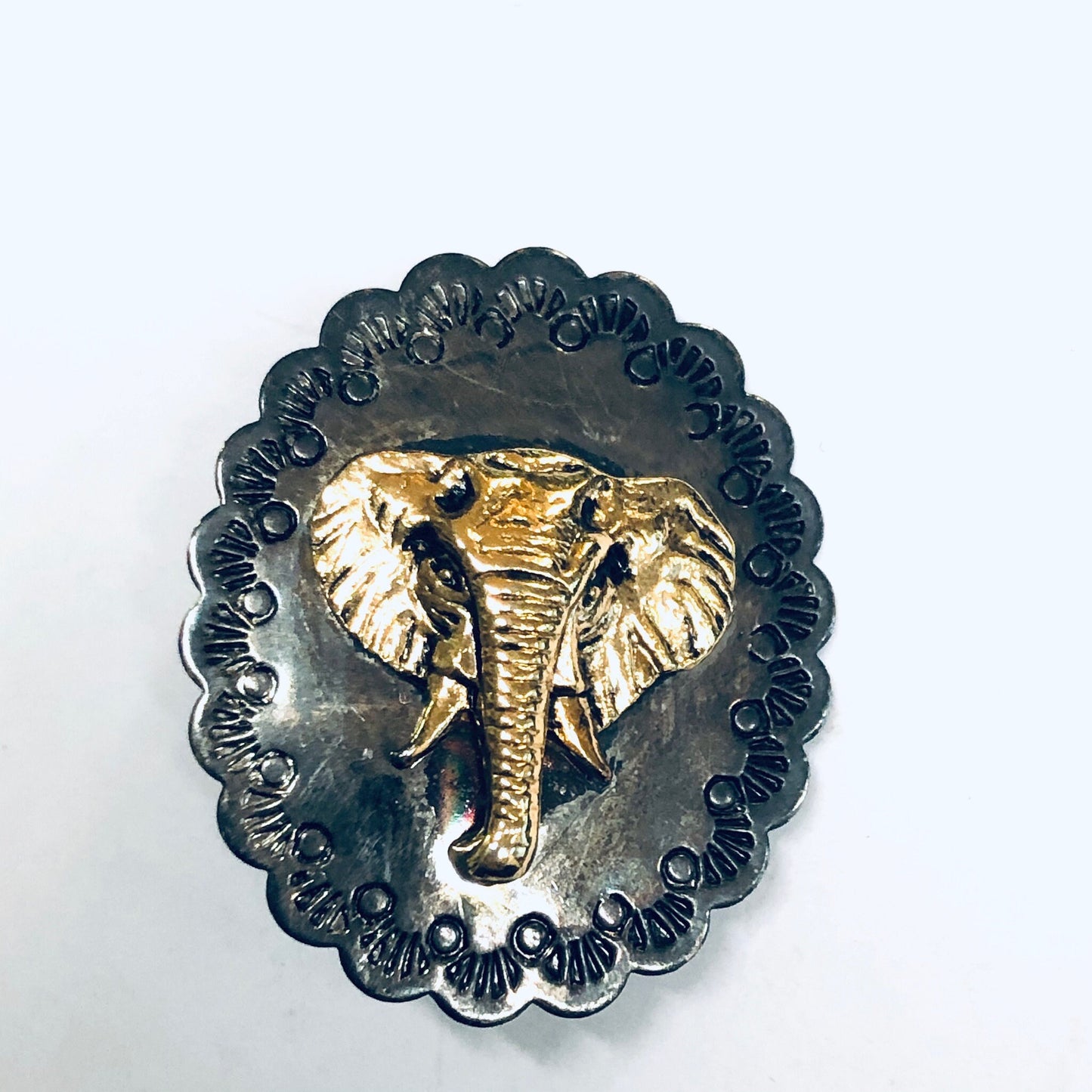 Concho and Elephant Clip On Earrings, Elephant Jewelry, Silver Conchos, Animal Jewelry, Gold Elephants