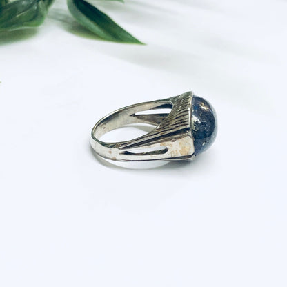 Vintage silver ring with round blue lapis lazuli stone, statement cocktail ring, unique jewelry gift idea for Valentine's Day