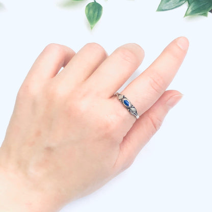 Silver Blue Lapis Ring with Leaf Design, Vintage Silver Ring, Blue Lapis Jewelry, Thin Band Ring