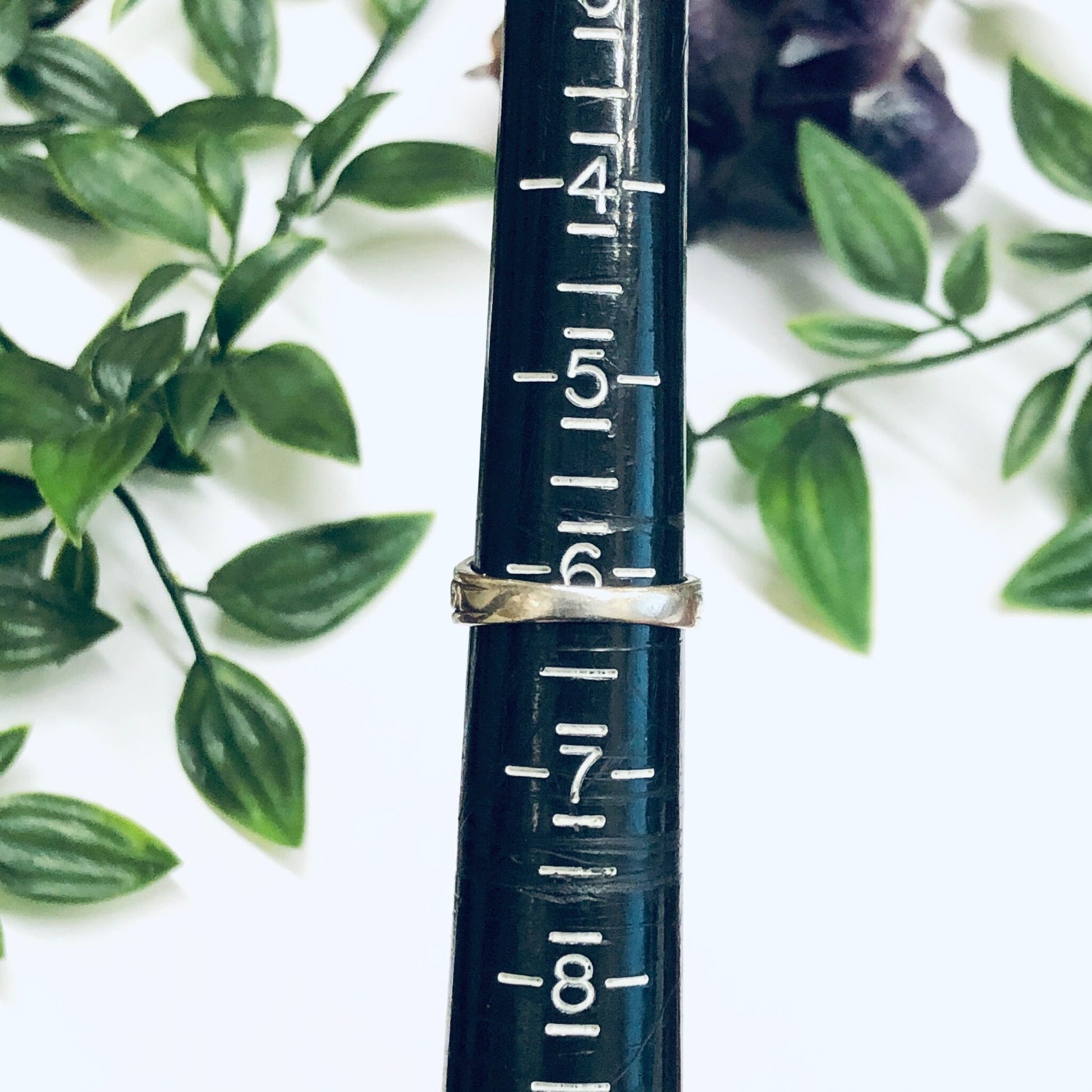 Antique metal ruler measuring inches standing upright among lush green leaves, creating an artistic contrast of natural and man-made elements