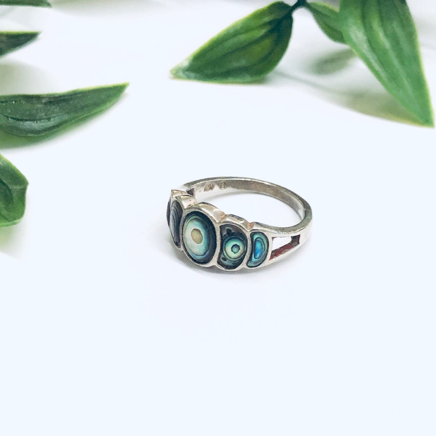 Vintage silver abalone shell ring showcasing iridescent blue-green hues, a unique statement jewelry piece surrounded by green leaves.