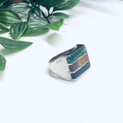 Silver and turquoise inlaid gemstone ring resting on white surface near green leaves