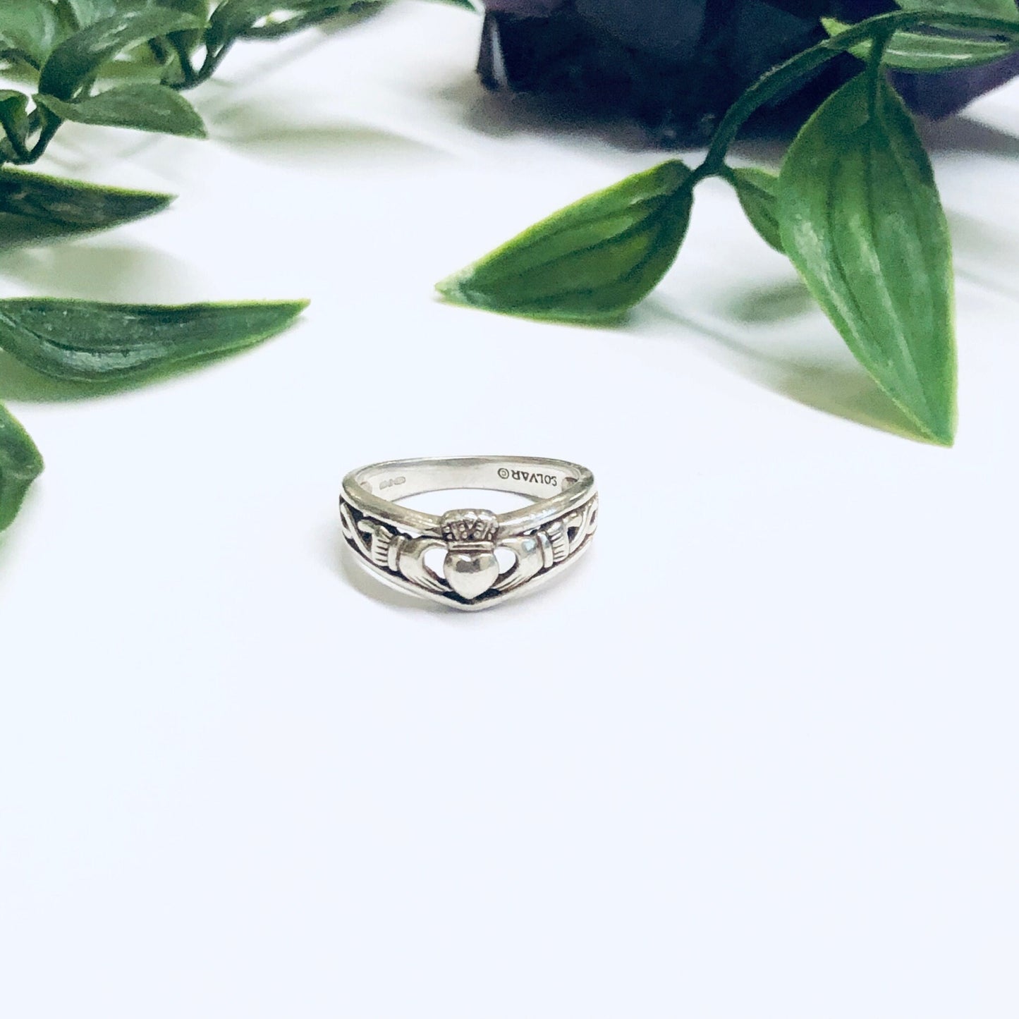 Silver Claddagh ring with heart shaped center nestled among green leaves on a white surface