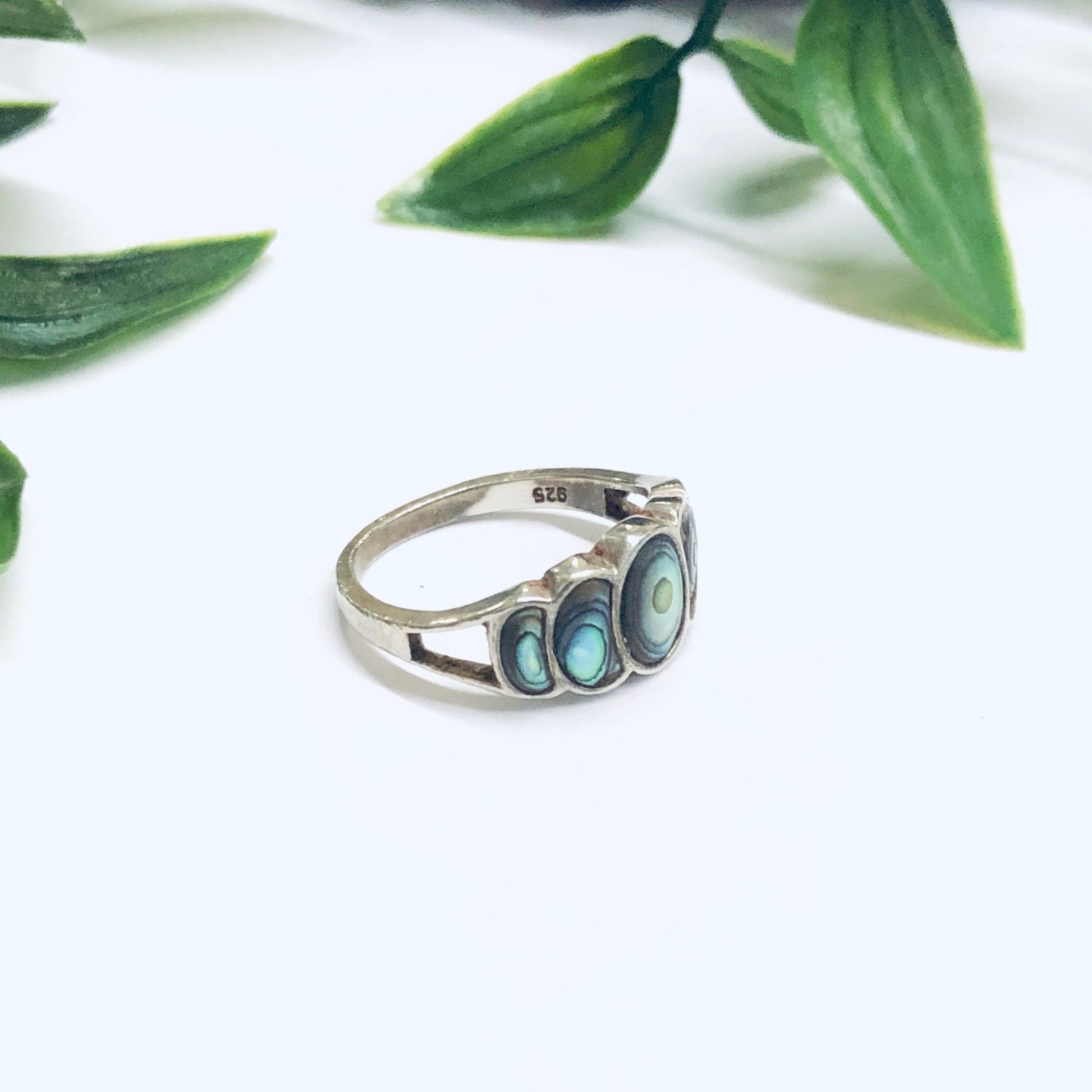 Vintage silver abalone shell statement ring on white background with green leaves