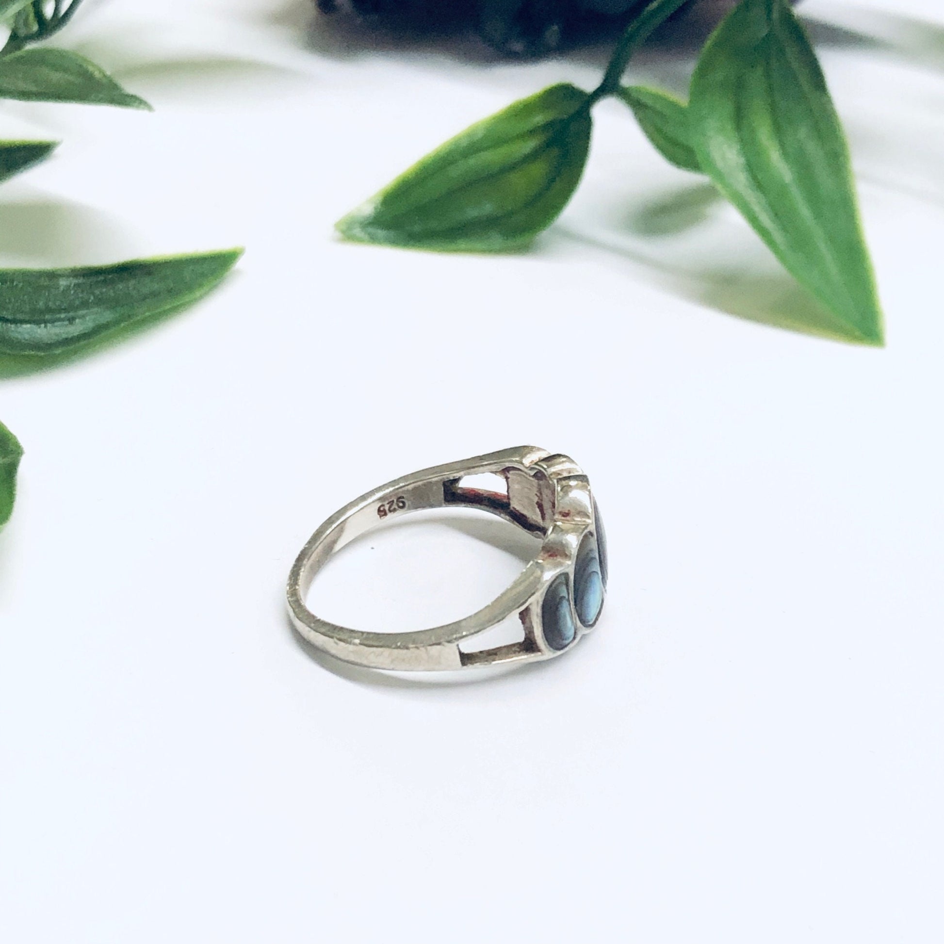 Vintage silver ring with oval abalone shell inlay, surrounded by green leaves on a white background.