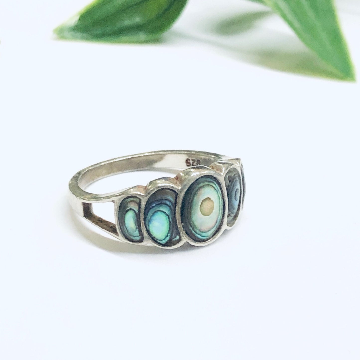 Vintage silver abalone shell ring with three oval-shaped abalone stones set in a row on a thin silver band, photographed on a white background with green leaves.