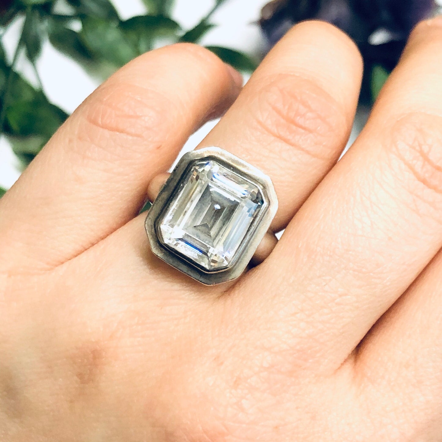 Large vintage silver cocktail statement ring with unique geometric stepped design worn on hand, promise ring, unique jewelry piece