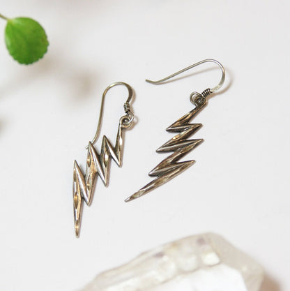 Vintage Sterling Silver Lightning Bolt Earrings with carved details, minimal dangle design