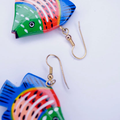 Vintage Wood Carved Fish Earrings, Colorful Painted Wood Dangle Earrings, Handmade Wooden Jewelry, Cute Statement Fish-Shaped Earrings with Gold Hooks on White Background