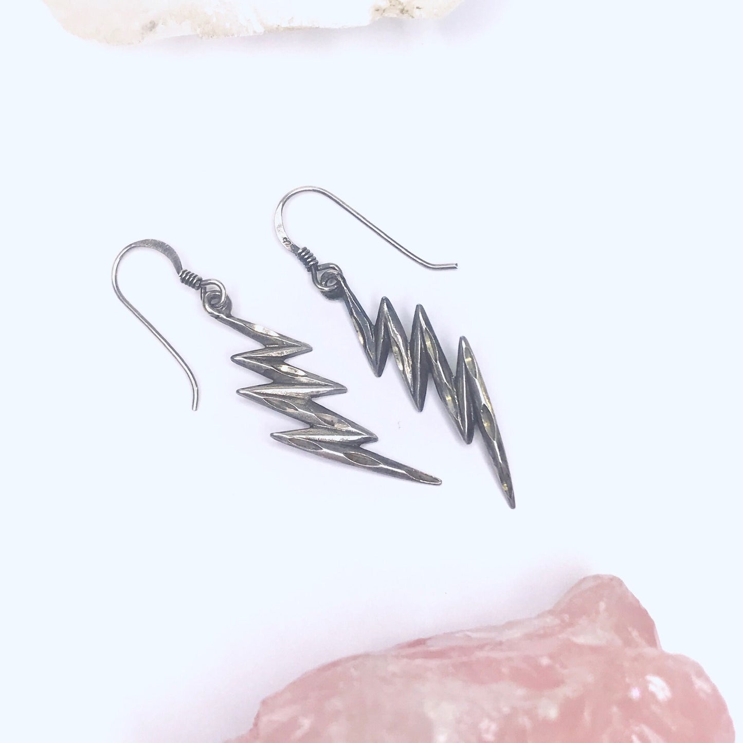 Vintage Sterling Silver Lightning Bolt Dangle Earrings with Carved Details, Minimal Unique Design