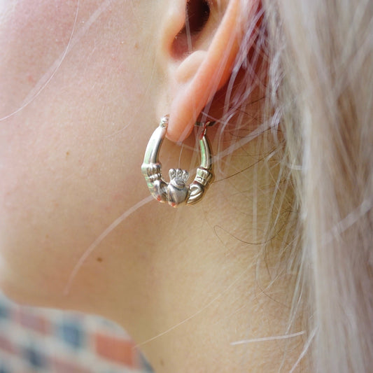 Vintage Sterling Silver Claddagh Hoop Earrings, Classic Irish Symbol Design Jewelry, 925 Silver Love Loyalty Friendship Earrings on Woman's Ear