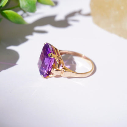 Vintage 14K Rose Gold Amethyst Ring, Large Square Purple Gemstone Ring With Rose Gold Band, Beautiful Rose Gold Cocktail Ring