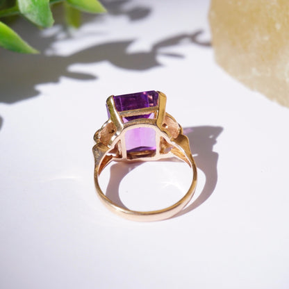 Vintage 14K Rose Gold Amethyst Ring, Large Square Purple Gemstone Ring With Rose Gold Band, Beautiful Rose Gold Cocktail Ring