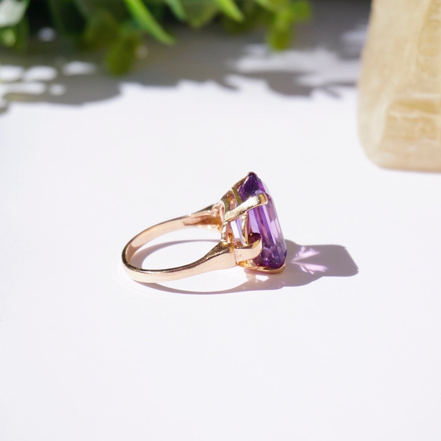 Vintage 14K Rose Gold Amethyst Ring, Large Square Purple Gemstone Ring With Rose Gold Band, Beautiful Rose Gold Cocktail Ring