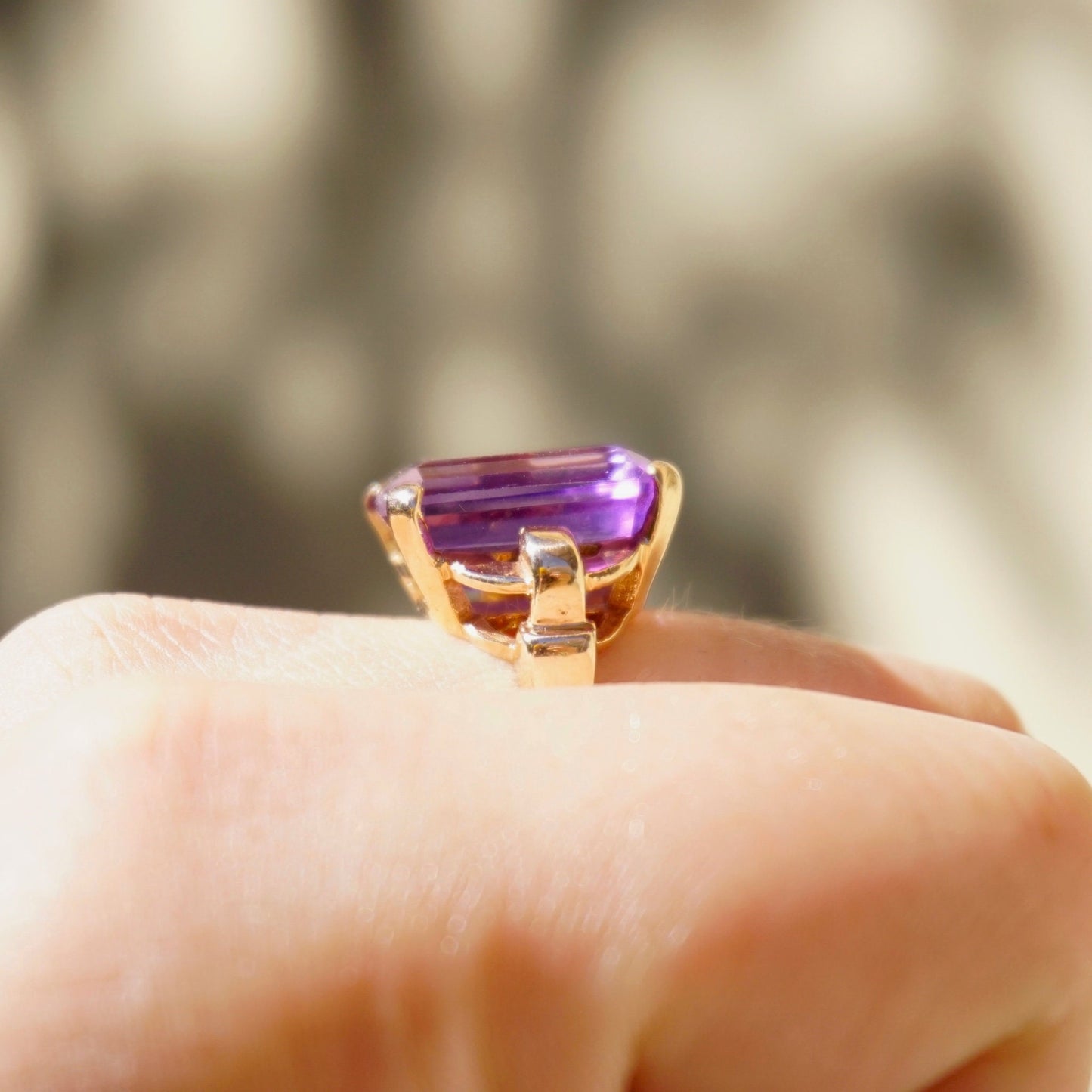 Vintage 14K Rose Gold Amethyst Ring, Large Square Purple Gemstone Ring With Rose Gold Band, Beautiful Rose Gold Cocktail Ring