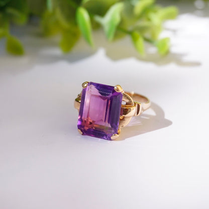 Vintage 14K Rose Gold Amethyst Ring, Large Square Purple Gemstone Ring With Rose Gold Band, Beautiful Rose Gold Cocktail Ring