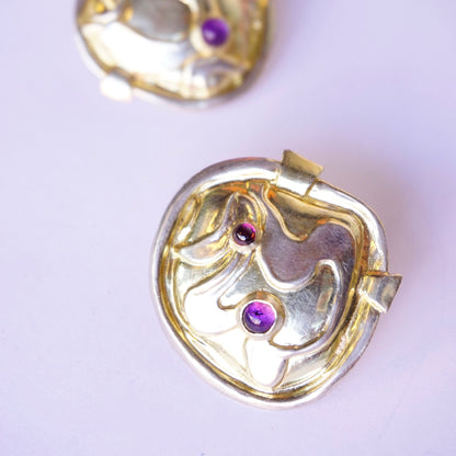 Vintage William and Shellie sterling silver abstract modernist earrings with small amethyst gemstones, unique designer jewelry