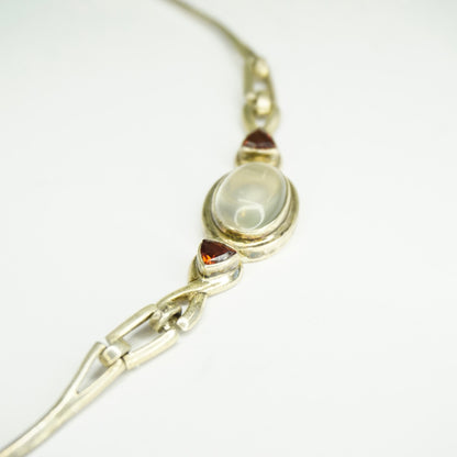 Vintage sterling silver choker necklace with moonstone pendant and red jewel accents, 925 jewelry.