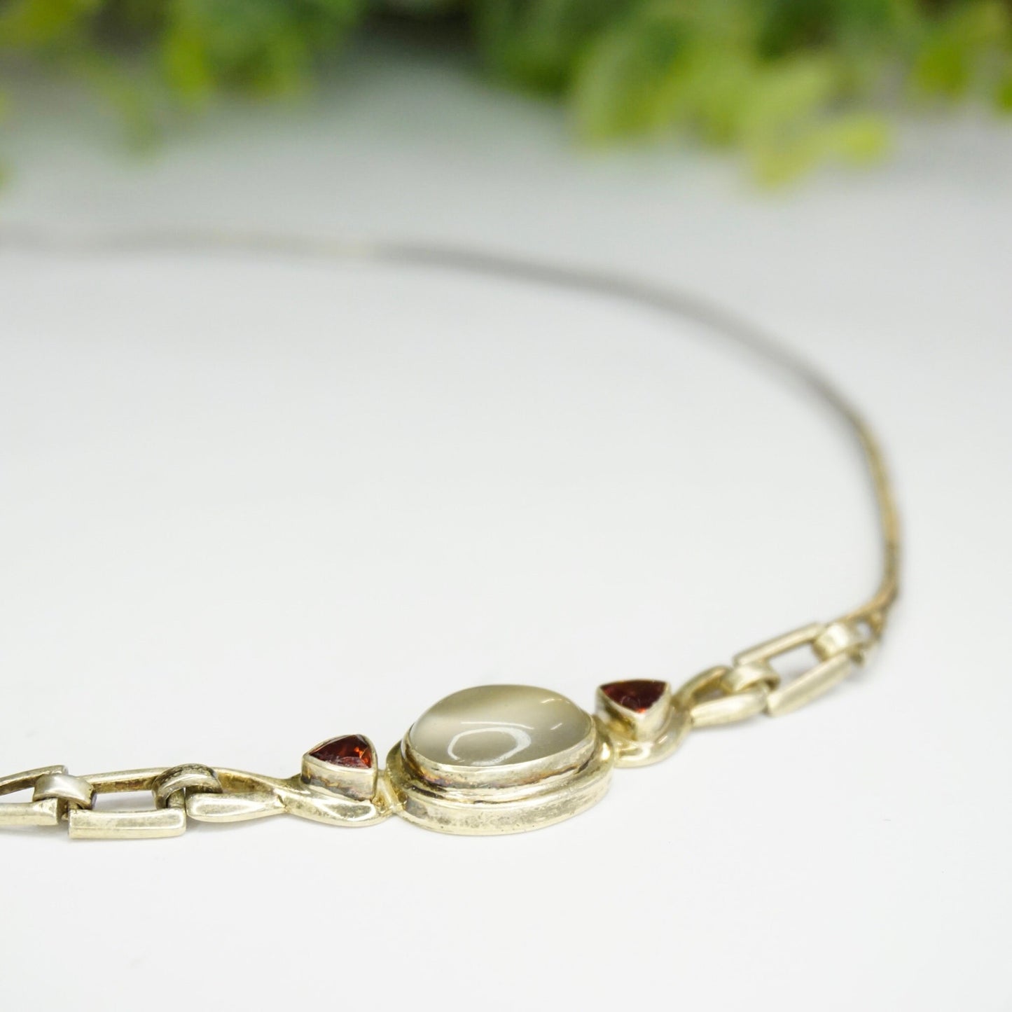 Vintage sterling silver moonstone choker necklace with red jewel accents on silver chain, unique 925 silver jewelry gift for her.