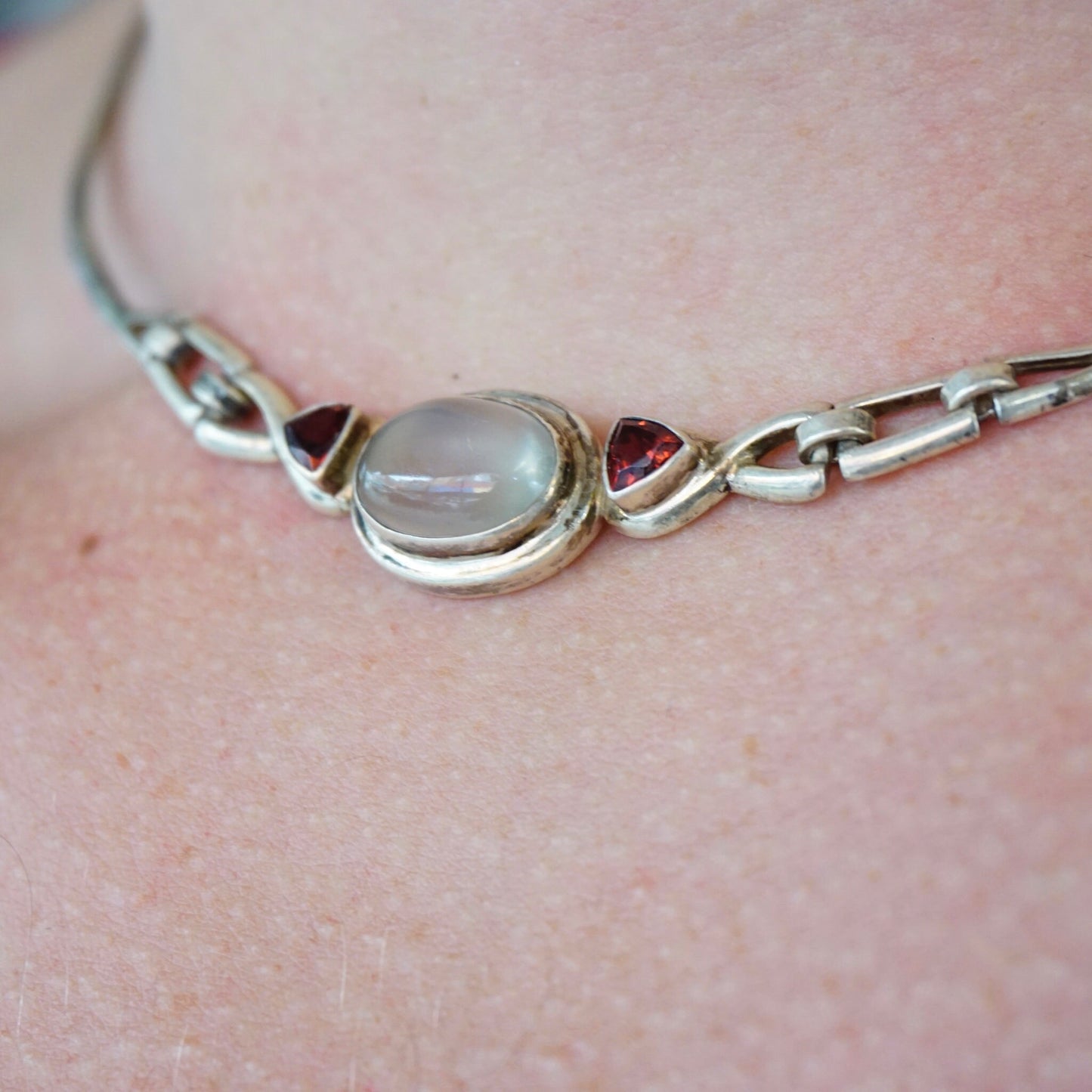 Vintage Sterling Silver Moonstone Choker with Red Jewel Accents, Unique 925 Silver Necklace