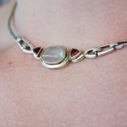 Vintage Sterling Silver Moonstone Choker with Red Jewel Accents, Unique 925 Silver Necklace