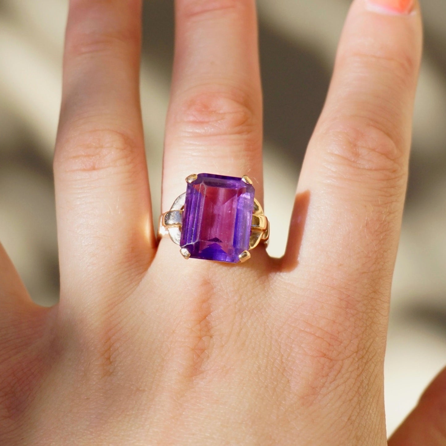 Vintage 14K Rose Gold Amethyst Ring, Large Square Purple Gemstone Ring With Rose Gold Band, Beautiful Rose Gold Cocktail Ring