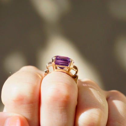 Vintage 14K Rose Gold Amethyst Ring, Large Square Purple Gemstone Ring With Rose Gold Band, Beautiful Rose Gold Cocktail Ring