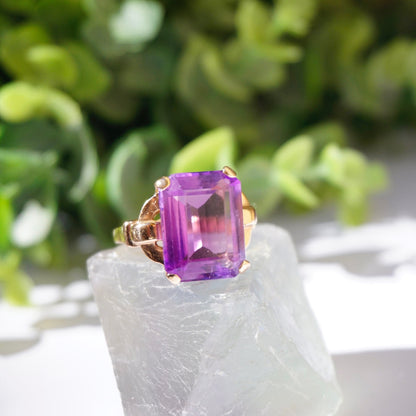 Vintage 14K Rose Gold Amethyst Ring, Large Square Purple Gemstone Ring With Rose Gold Band, Beautiful Rose Gold Cocktail Ring