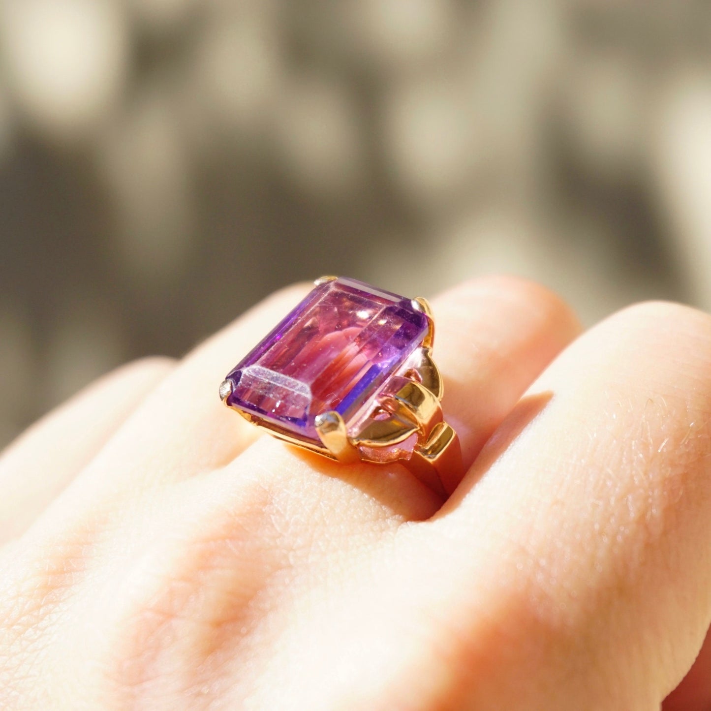 Vintage 14K Rose Gold Amethyst Ring, Large Square Purple Gemstone Ring With Rose Gold Band, Beautiful Rose Gold Cocktail Ring