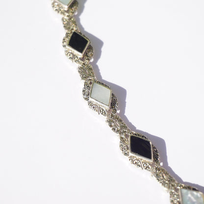 Vintage Art Deco Bracelet With Mother of Pearl, Black Onyx, And Marcasite, Sterling Silver Link Bracelet With Safety Chain, 925 Jewelry