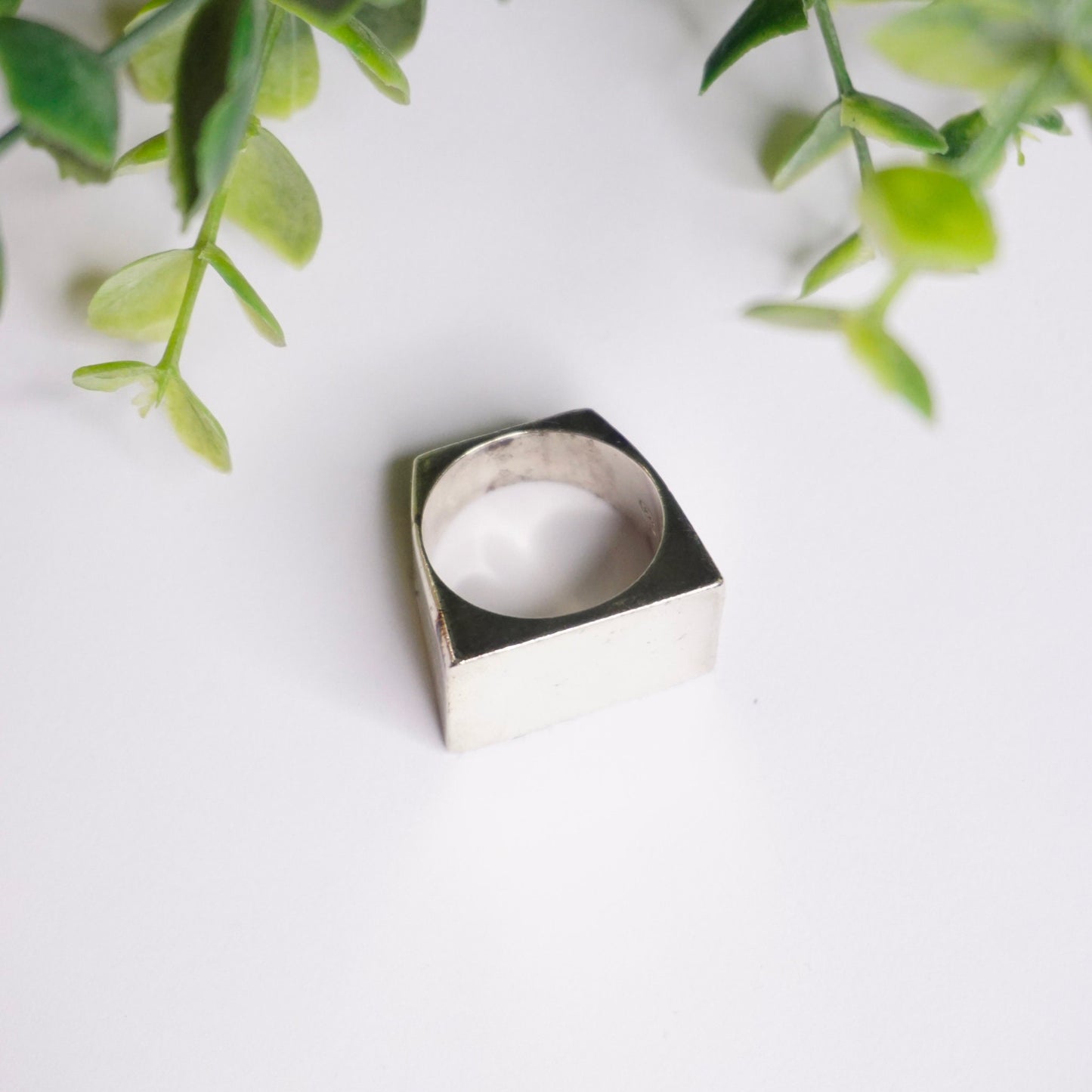 Vintage sterling silver signet ring with thick rectangular face and green leaves in background