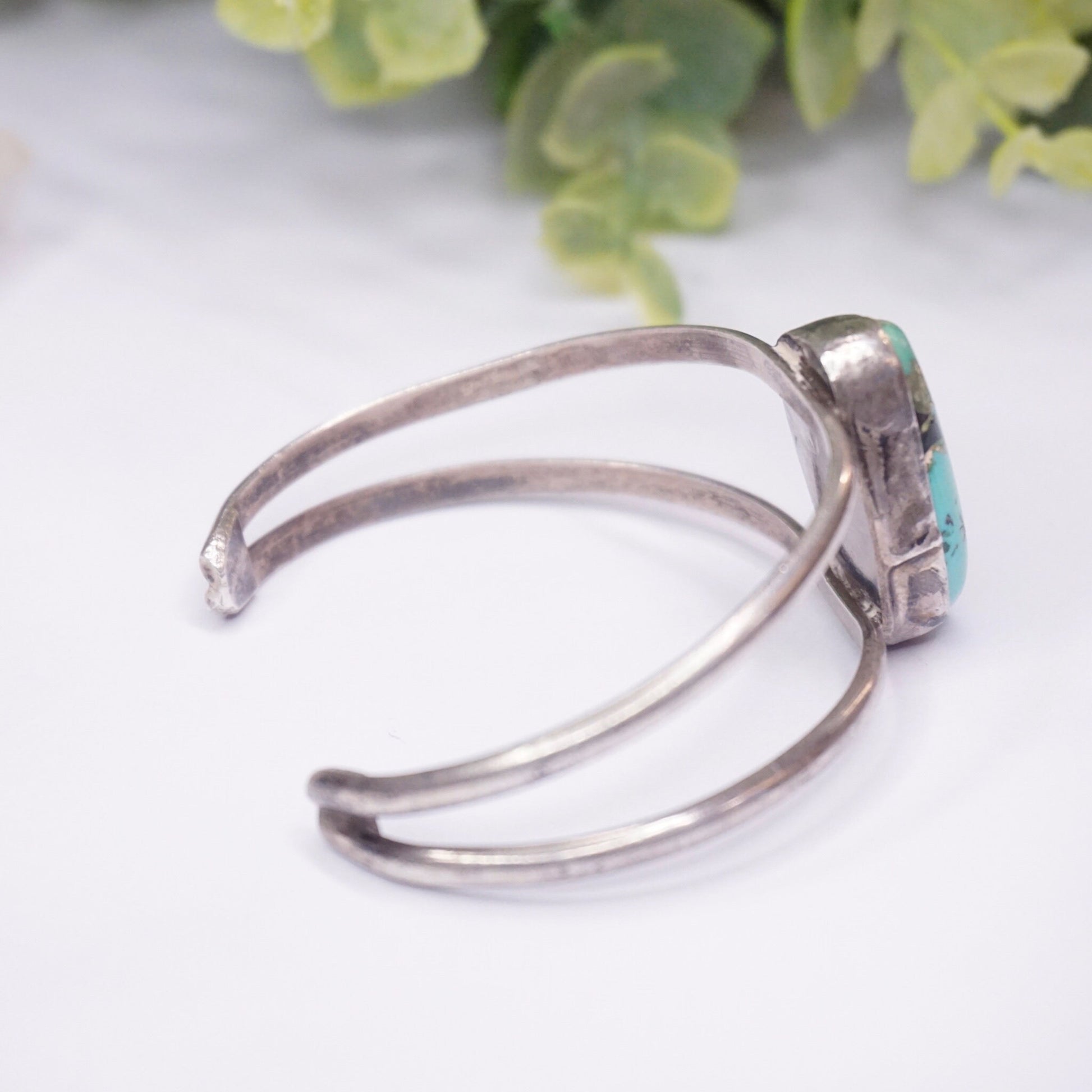 Vintage silver cuff bracelet with raised genuine turquoise stone accent