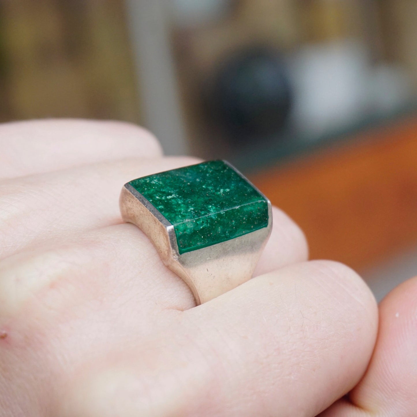 Vintage sterling silver ring with square green druzy quartz stone, Mexican 925 silver, held between fingers