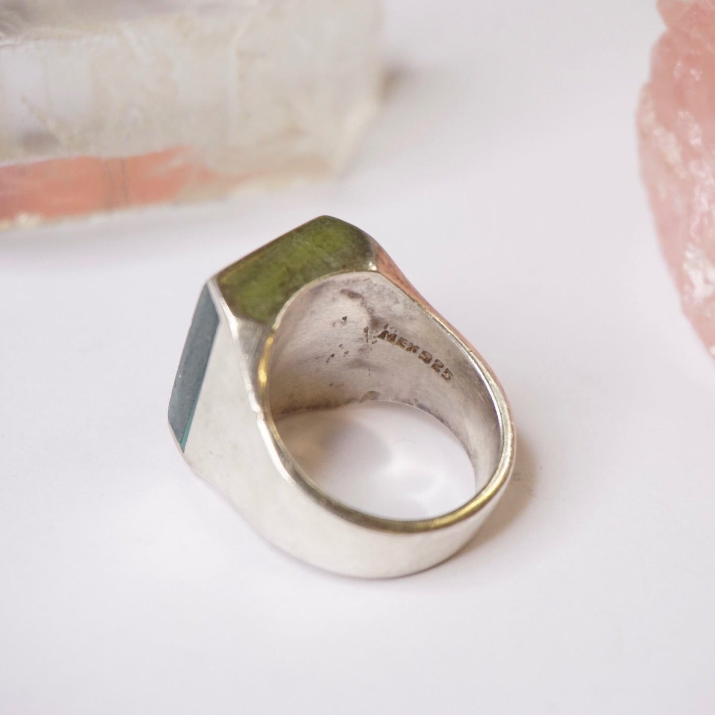 Vintage sterling silver ring with green square druzy quartz stone, stamped Mex925