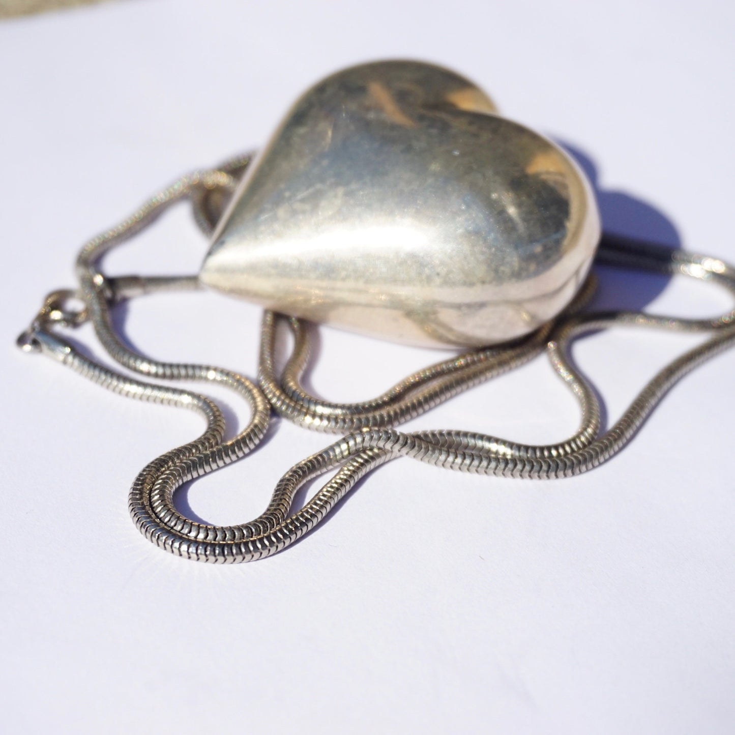 Vintage silver heart pendant necklace on silver rope chain, 925 sterling silver statement jewelry.