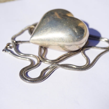 Vintage silver heart pendant necklace on silver rope chain, 925 sterling silver statement jewelry.