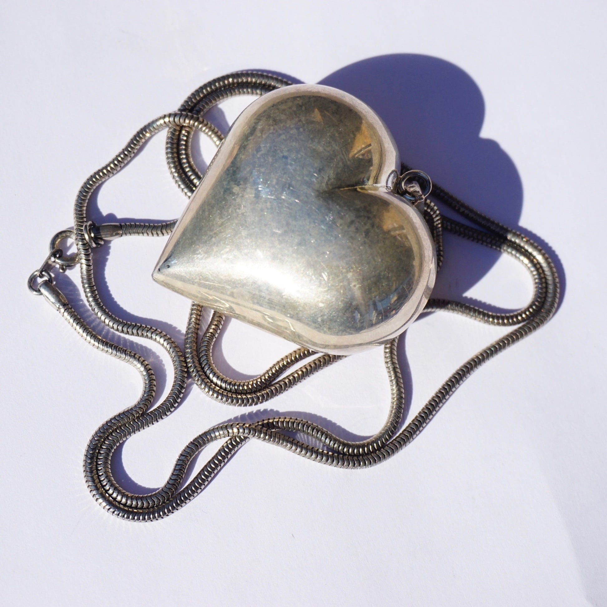 Vintage silver heart pendant necklace with rope chain, large statement heart pendant, 925 sterling silver jewelry