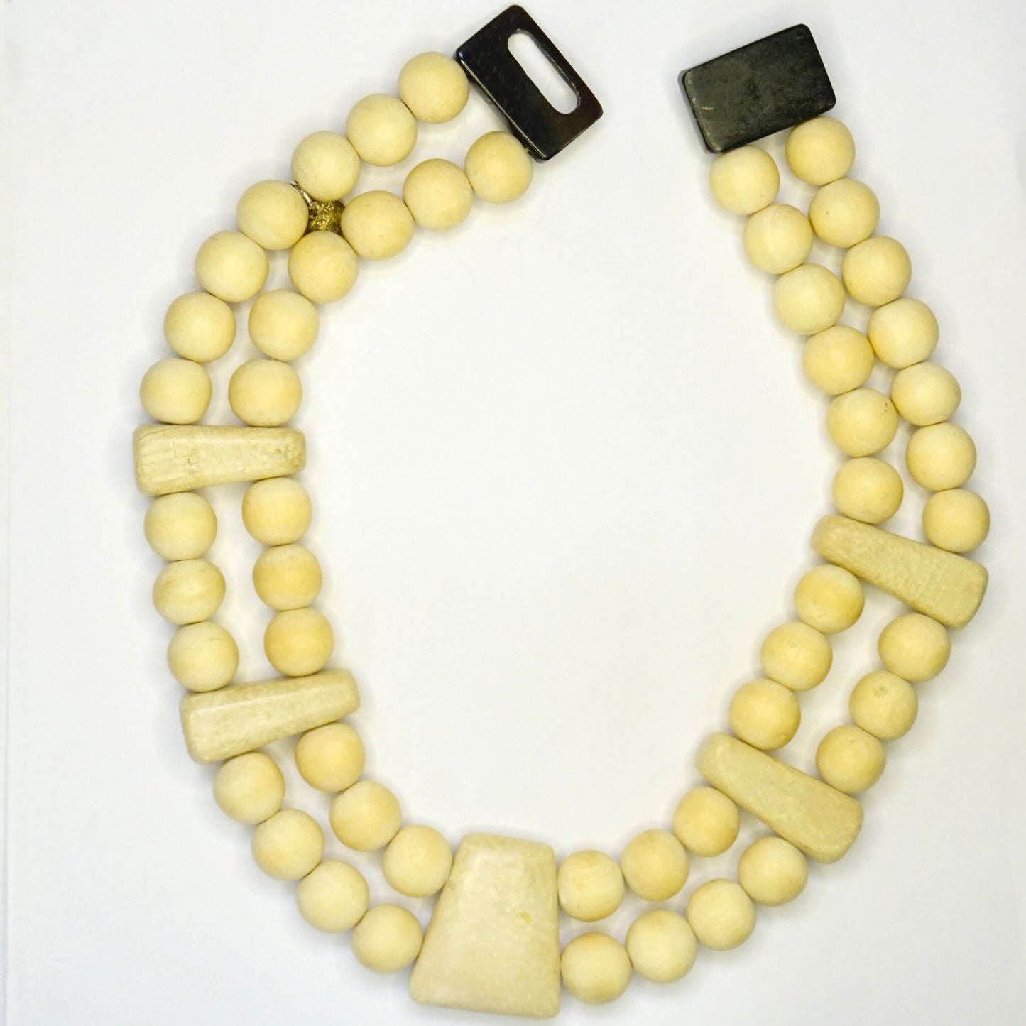 Vintage Gerda Lynggard Monies chunky two-strand wooden bead necklace with stone accents, mid-century collar style beaded necklace laid out on white background