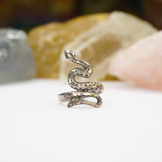 Vintage Sterling Silver Snake Ring with Hammered Texture, Minimalist Silver Wrap Design, Petite Size, 925 Stamped Jewelry Displayed on Natural Stone Background
