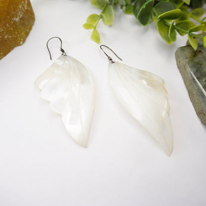 Vintage mother of pearl angel wing dangle earrings with iridescent shell and 925 silver hooks