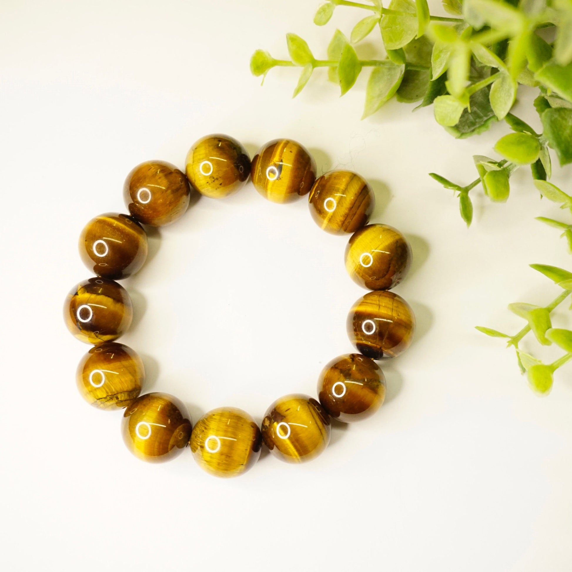 Vintage tigers eye beaded stretch bracelet with large, golden brown tigers eye beads arranged in a circle, shown with green foliage in the background.