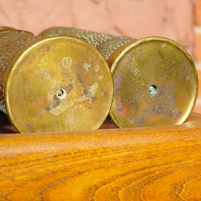 Antique French trench art brush holders made from etched brass shell casings, dated 1917, with leaf design, showing patina from age