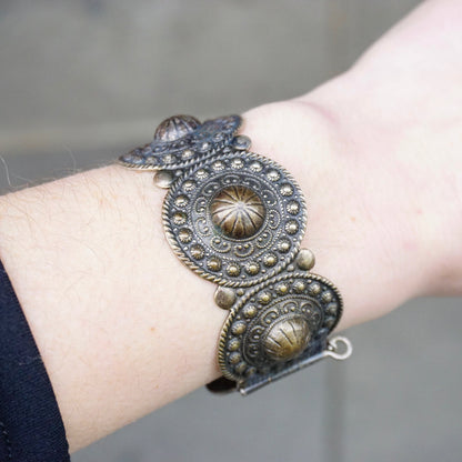 Vintage Silver Medallion Bangle Bracelet, Hinged Silver Bracelet With Intricate Hammered Details, Ornate Silver Bracelet With Pin Closure