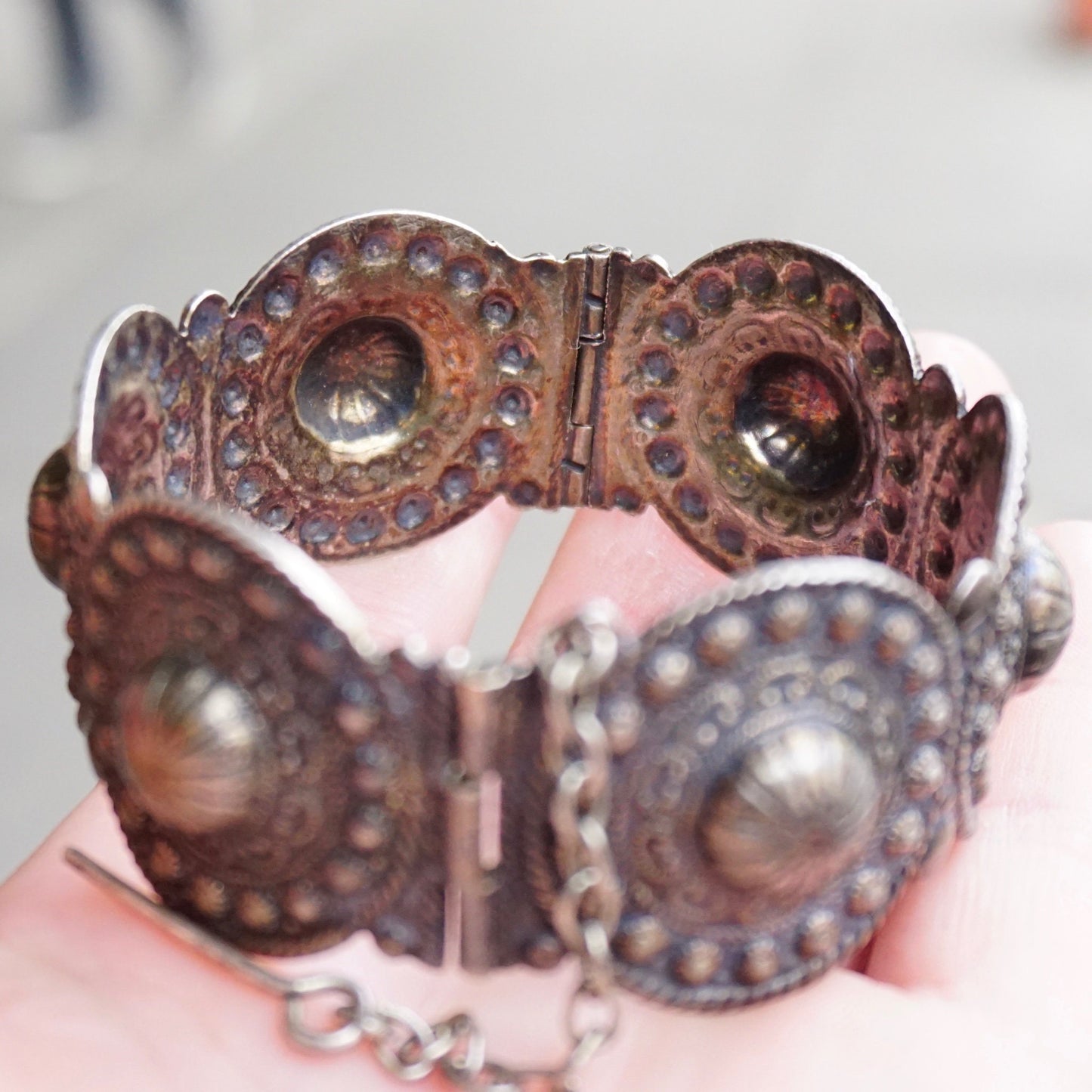 Vintage Silver Medallion Bangle Bracelet, Hinged Silver Bracelet With Intricate Hammered Details, Ornate Silver Bracelet With Pin Closure