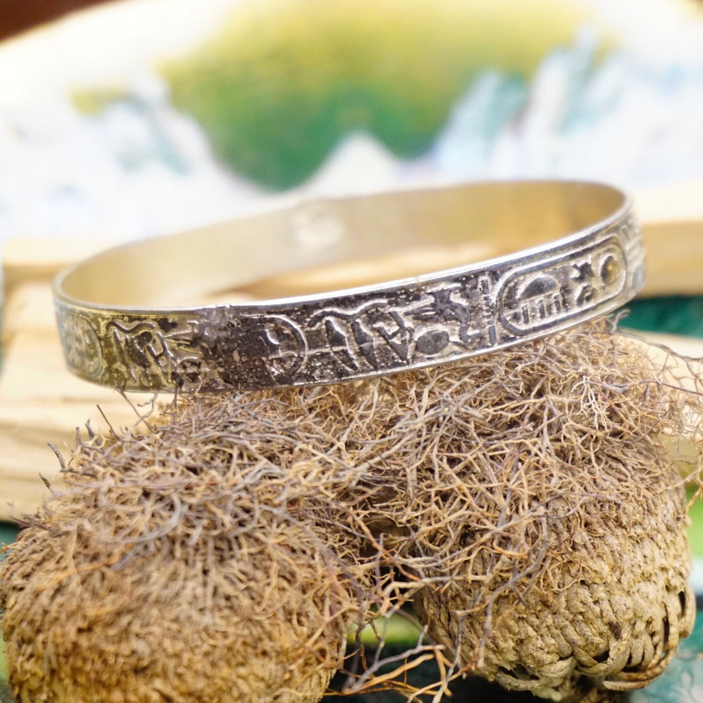 Vintage TAXCO Sterling Silver Hieroglyphic Bangle Bracelet with intricate Egyptian motifs, made in Mexico, 925 antique silver jewelry