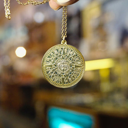 Vintage 24KT Gold Electroplated Sterling Silver Mayan Sun Calendar Pendant Necklace with Double-Sided Aztec Sun God Medallion and 24 inch Cable Chain